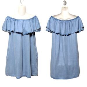 ZARA WOMAN Flounce Off Shoulder Chambray Dress S